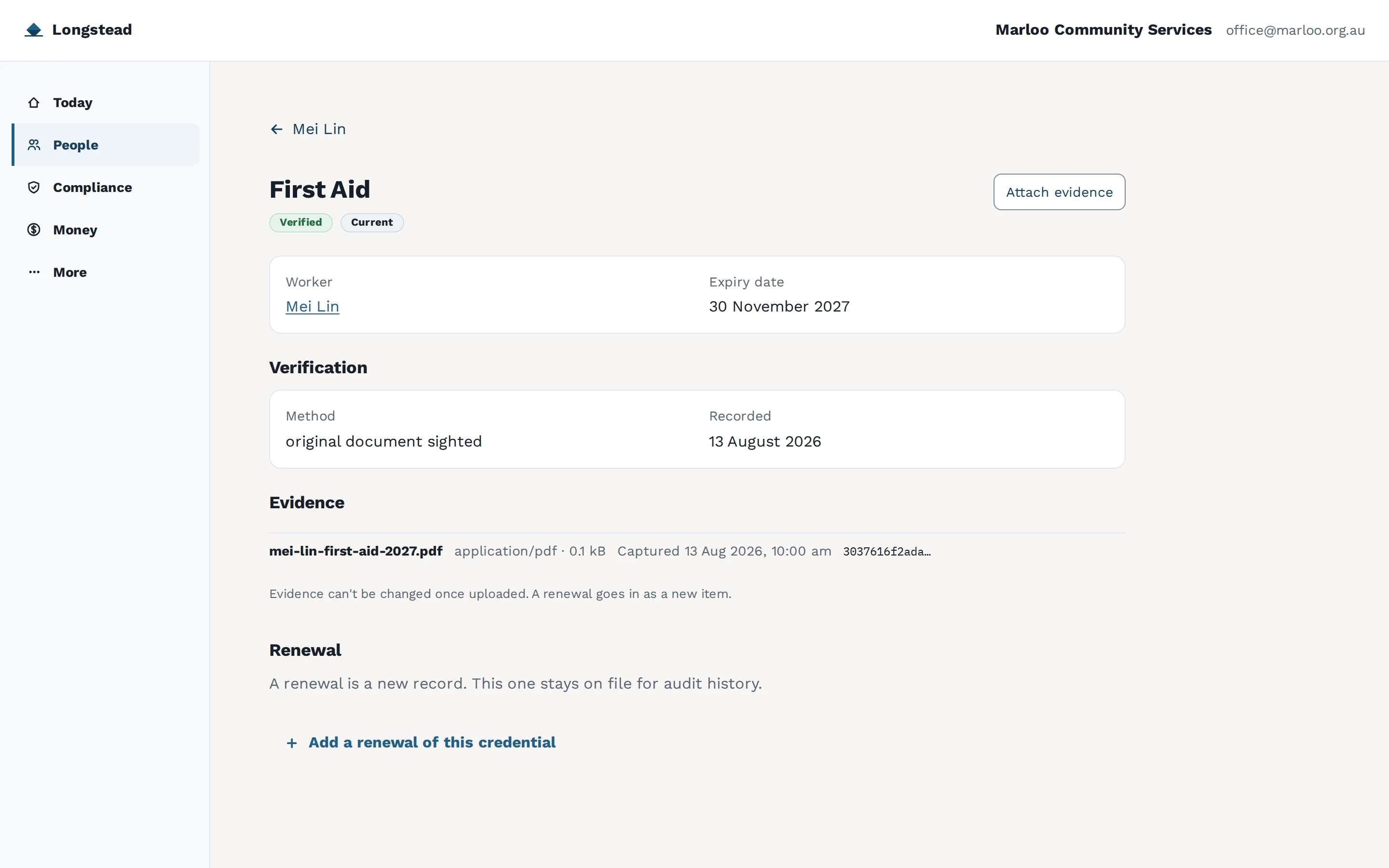 A worker's First Aid credential in Longstead: Verified and Current badges, the expiry date, the verification method and date, and an evidence file with its SHA-256 hash and the note that evidence can't be changed once uploaded.